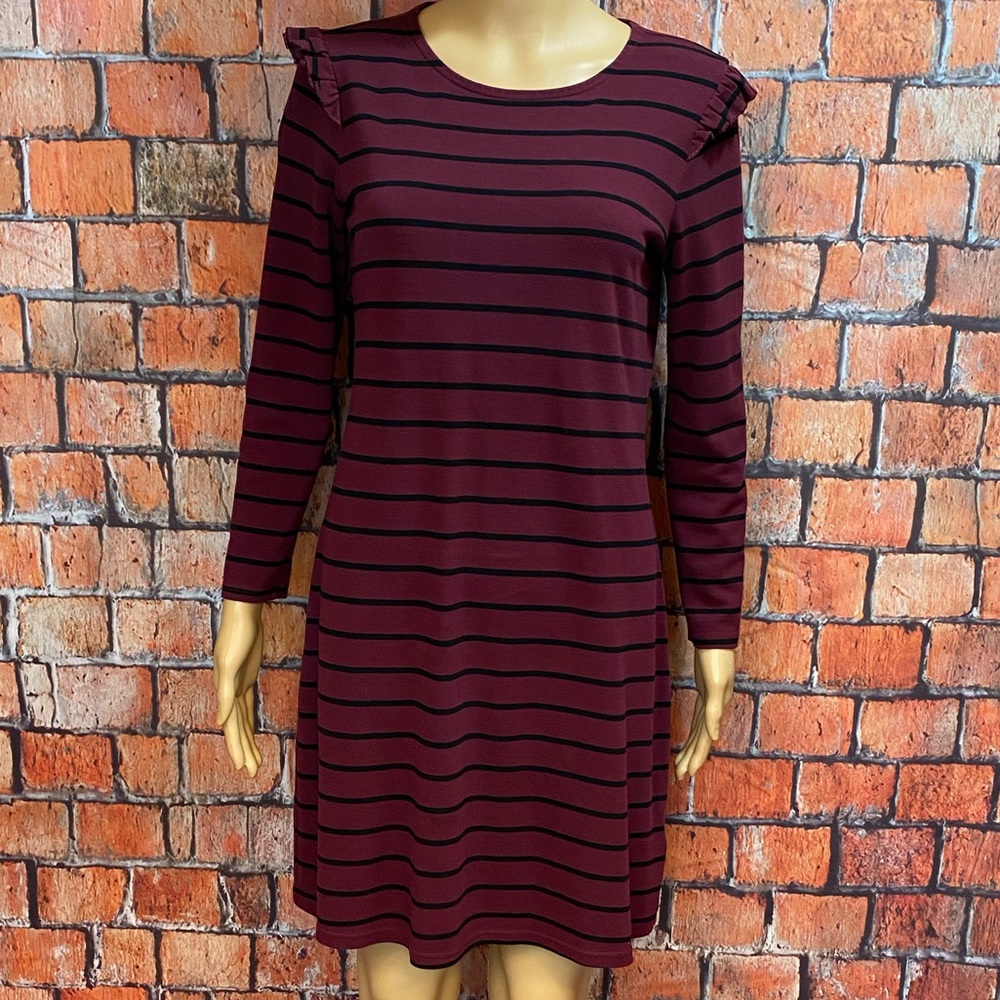 Old Navy Burgundy Striped Ruffled Shoulder Long Sleeve‎ Shift Dress